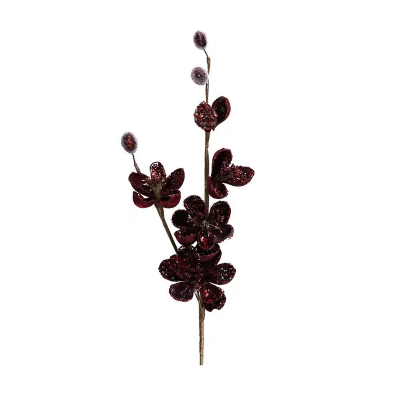 22" Burgundy Velvet Beaded Mini Magnolia Spray – Artificial Holiday Floral Stem-XS852905